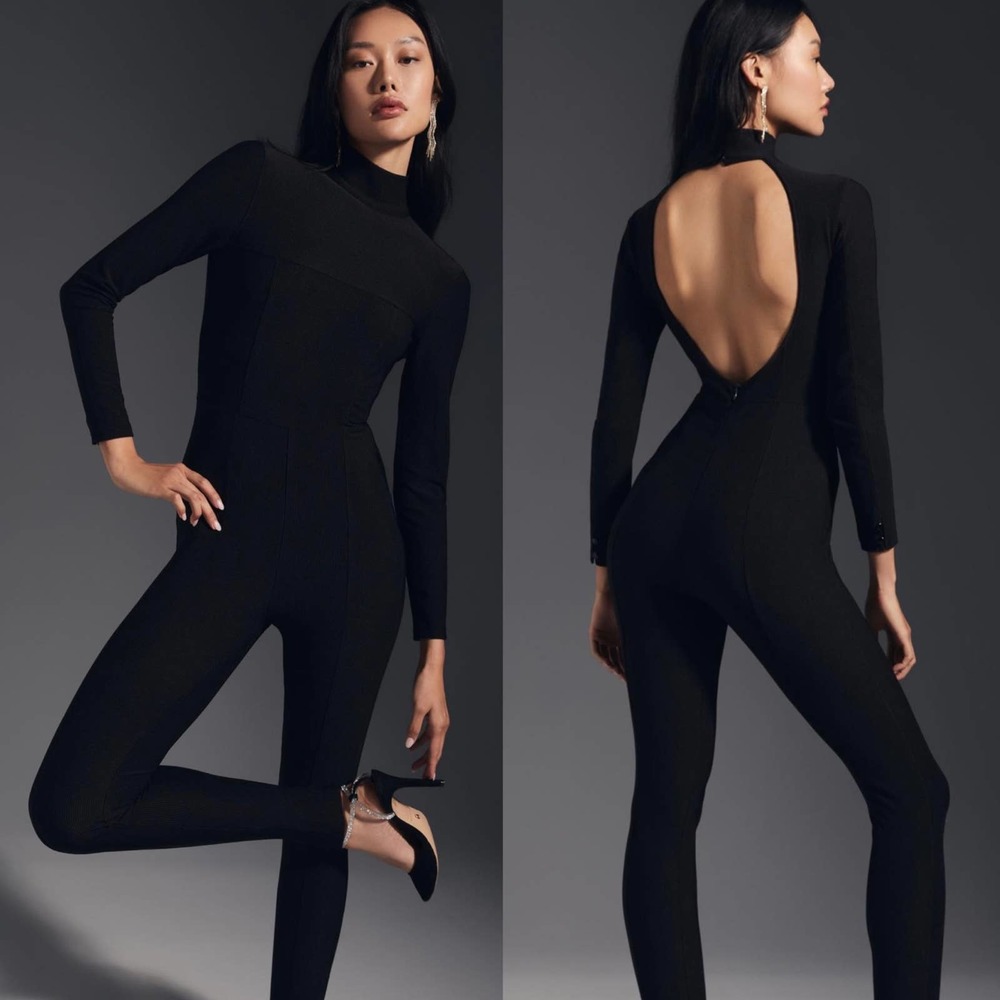 Anthropologie Mock Neck Black Ribbed Open-Back Catsuit Size Medium